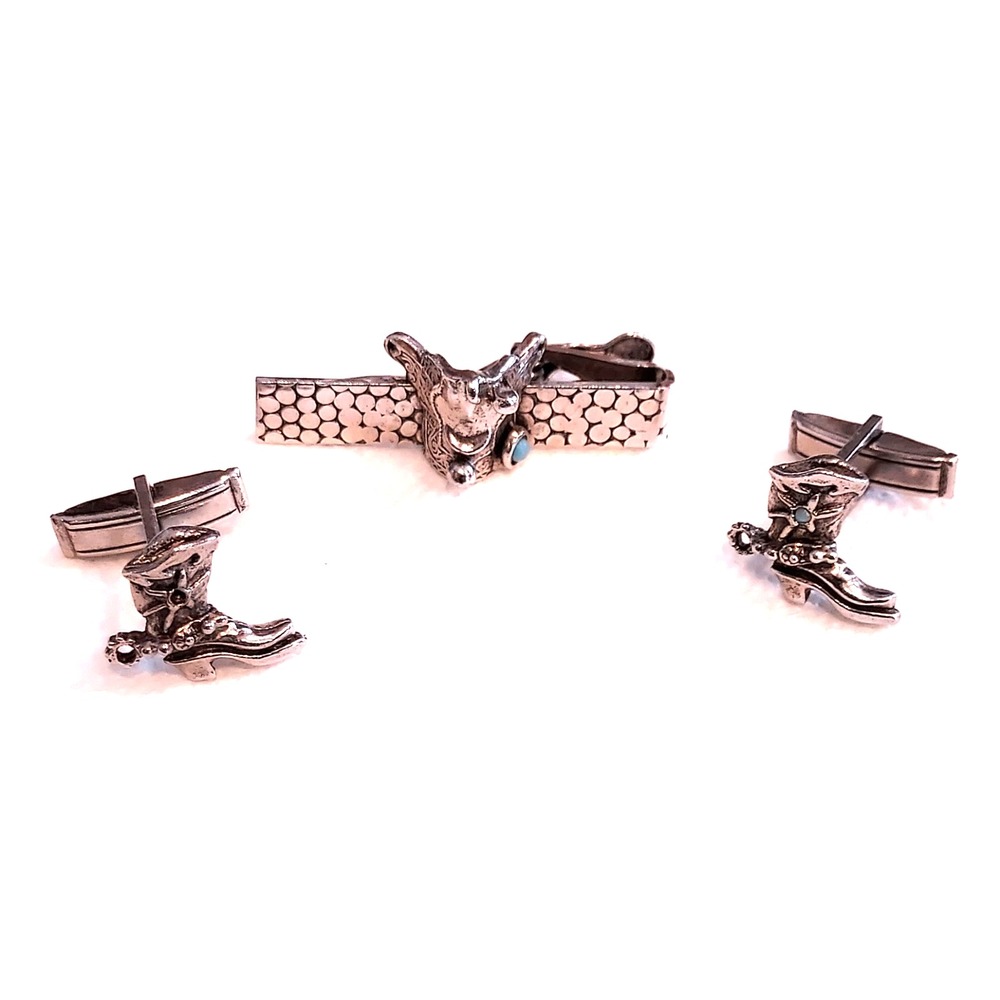 Vintage Western Cowboy Boots & Western Saddle Cufflinks & Tie Bar MID CENTURY